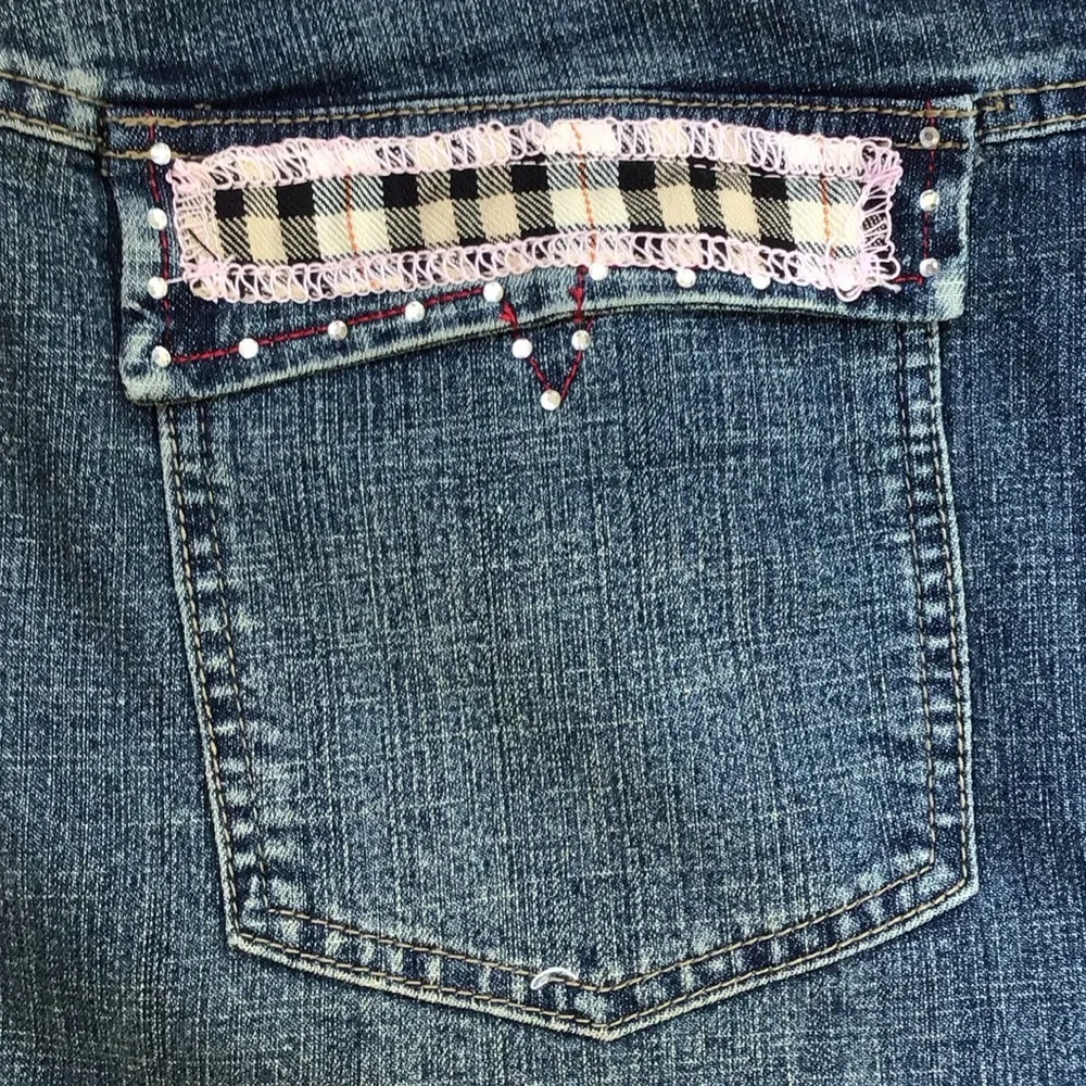 Y2K Rhinestone Bling Plaid Flower Ruffled Blue‎ Jean Denim Pleat Twee Mini Skirt